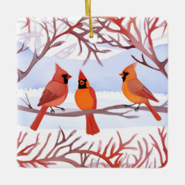 Drei rote Kardinäle in Schneezweigen Keramikornament