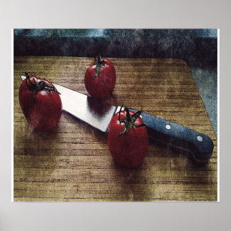 Drei rote Tomaten auf einem Schrank Poster