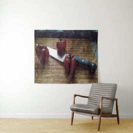 Drei rote Tomaten auf einem Schrank Wandteppich