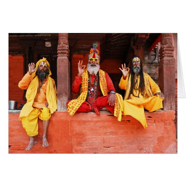 Drei Saddhus, das auf dem Vishnu Tempel Nepal (Vorderseite (Horizontal))