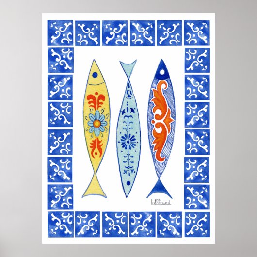 Drei Sardinen + blaue Tile Poster (Vorne)