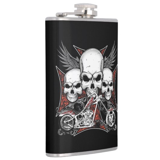 Drei Schädel mit einem Motorrad mit rotem Chopper Flachmann (Rechts)