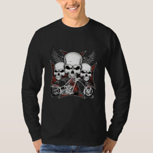 Drei Schädel mit rotem Chopper Motorrad Langleeve T-Shirt