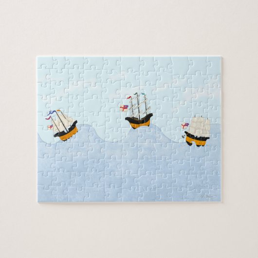Drei Schiffe, die auf einem Rollsee-Kind fahren Puzzle (Horizontal)