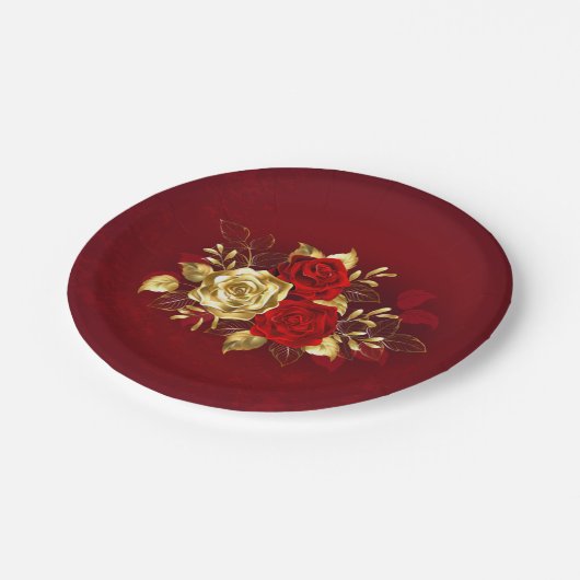 Drei Schmuckstücke Rose Pappteller (Schrägansicht)