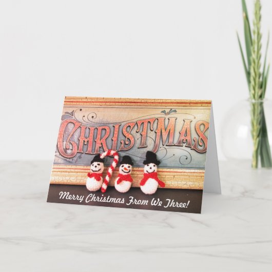 Drei Schneemänner mit Cane Weihnachtskarte Feiertagskarte (Vorderseite)