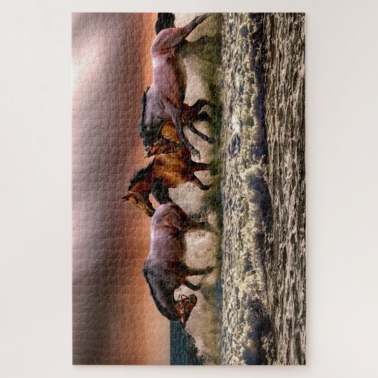 Drei schöne braune Pferde im Ozean Malerei Puzzle (Vertikal)