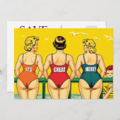 Drei schöne Frauen in Bikini am Strand, lustig Save The Date (Vorne/Hinten)