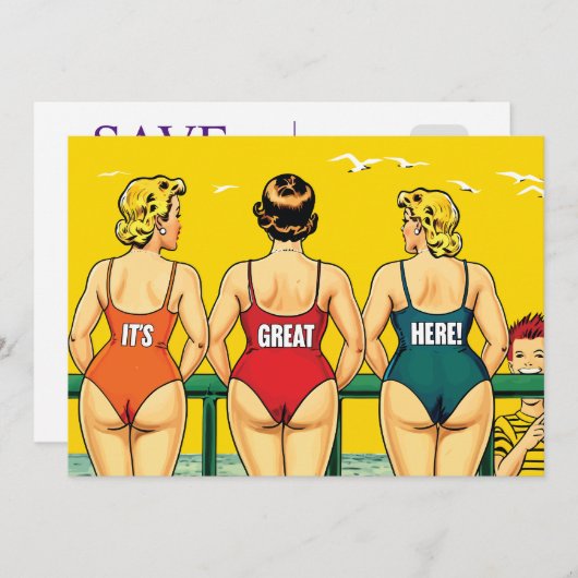 Drei schöne Frauen in Bikini am Strand, lustig Save The Date (Vorne/Hinten)