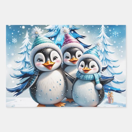Drei schöne Pinguine Geschenkpapier Set (Vorderseite)