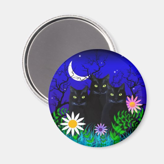Drei schwarze Katzen im nächtlichen Magnet (Vorderseite/Rückseite)