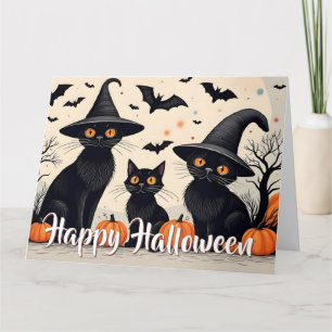 Drei schwarze Katzen mit Hüten an Halloween Karte