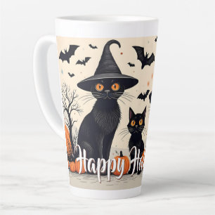 Drei schwarze Katzen mit Hüten an Halloween Milchtasse