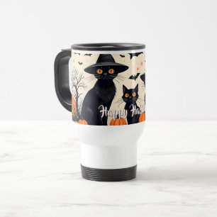 Drei schwarze Katzen mit Hüten an Halloween Reisebecher