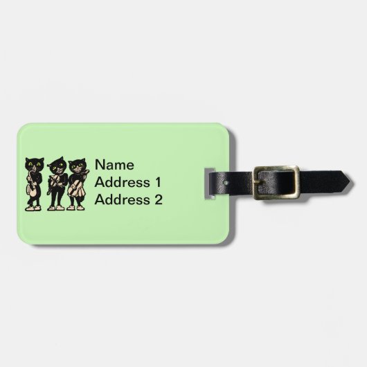 Drei schwarze Katzen spielen Musikinstrumente grün Gepäckanhänger (Vorderseite horizontal)