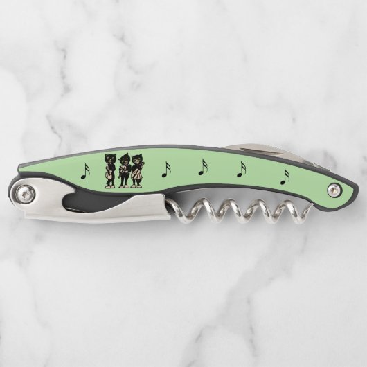 Drei schwarze Katzen spielen Musikinstrumente grün Kellnermesser (Vorderseite)