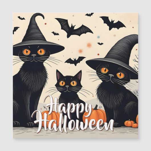 Drei schwarze Katzen zu Halloween Magnetkarte (Vorderseite)