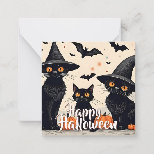 Drei schwarze Katzen zu Halloween Mitteilungskarte (Vorderseite)