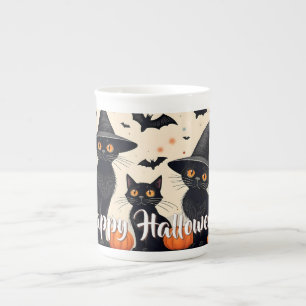 Drei schwarze Katzen zu Halloween Porzellantasse