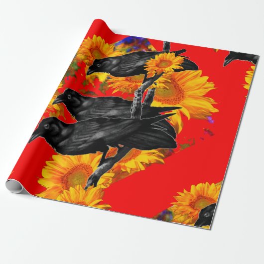 DREI SCHWARZE VÖGEL AUF DEN SONNENBLUME-GEBIETEN GESCHENKPAPIER (Ungerollt)