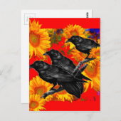 DREI SCHWARZE VÖGEL IN SONNENBLUMENFELDERN POSTKARTE (Vorne/Hinten)