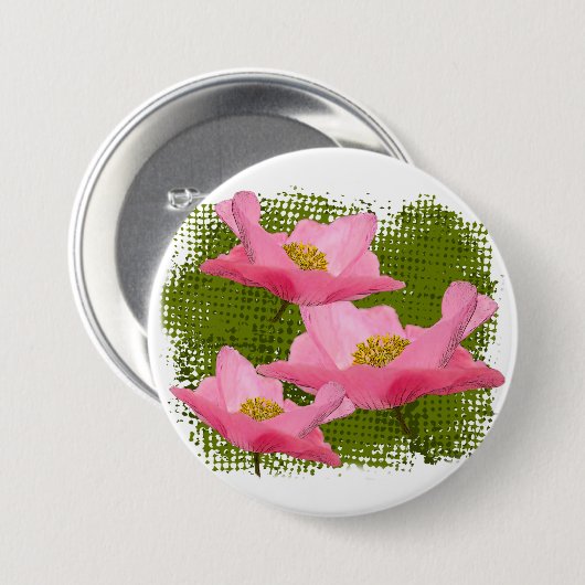 Drei schwebende hübsche rosa Mohnblumen Fotografie Button (Vorne & Hinten)