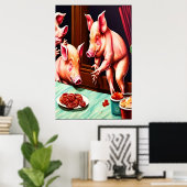 Drei Schweine essen Speck | AI Art Poster (Heimbüro)