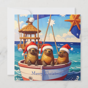 Drei Siegel mit Weihnachtsmannmützen Frohe Weihnac Feiertagskarte