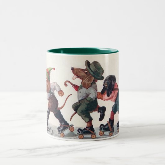 Drei Skaten-Dackeln - ein anthropomorpher Hund Zweifarbige Tasse (Mittel)