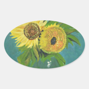 Drei Sonnenblumen in einer Vase, van Gogh Ovaler Aufkleber