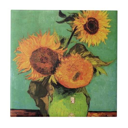 Drei Sonnenblumen in einer Vase von Vincent van Go Fliese (Vorderseite)