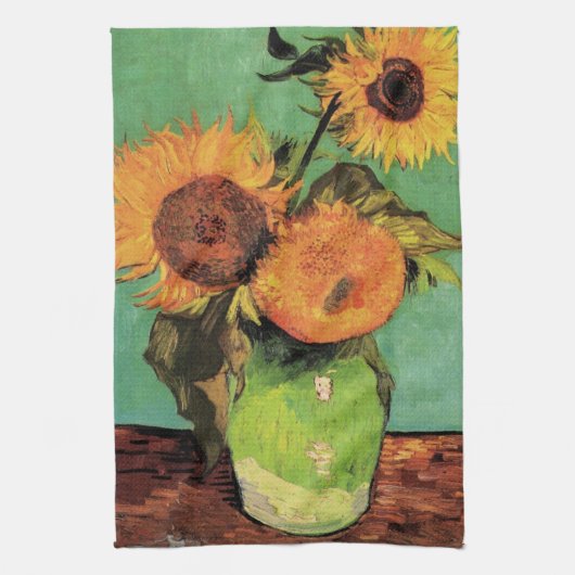 Drei Sonnenblumen in einer Vase von Vincent van Go Geschirrtuch (Vertikal)