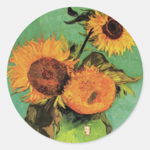 Drei Sonnenblumen in einer Vase von Vincent van Go Runder Aufkleber