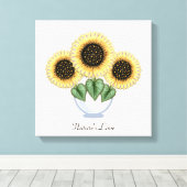 Drei Sonnenblumen mit Herz-Blätter in einer Vase Leinwanddruck (Insitu (Holzboden))