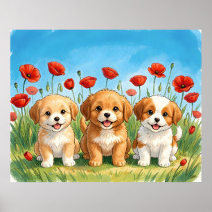 Drei süße Welpen und Klatschmohn Aquarell Poster
