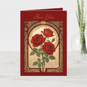 Drei tiefe rote Rosen im Jugendstil Karte