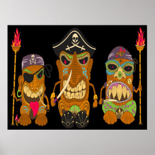 Drei Tiki-Piraten, lustig schwarz Poster