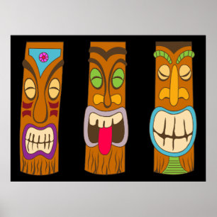Drei Tiki-Statuen aus Holz, sonniges Schwarz Poster