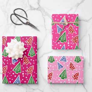 Drei Töne rosa Weihnachtsbäume Geschenkpapier Set