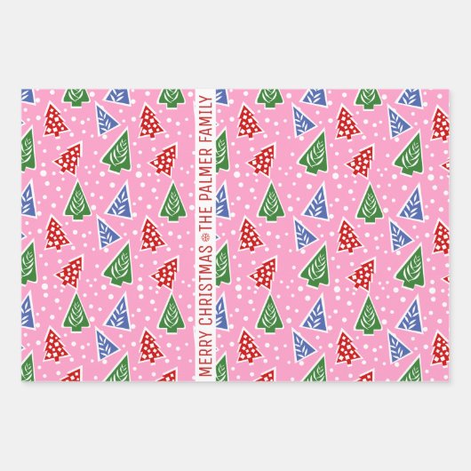 Drei Töne rosa Weihnachtsbäume Schnee und Name Geschenkpapier Set (Vorderseite 3)