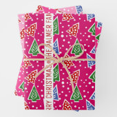 Drei Töne rosa Weihnachtsbäume Schnee und Name Geschenkpapier Set (Beispiel)