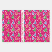 Drei Töne rosa Weihnachtsbäume Schnee und Name Geschenkpapier Set (Vorderseite)