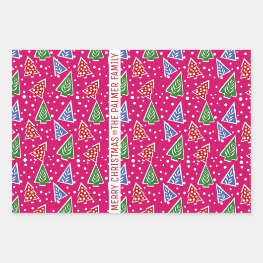 Drei Töne rosa Weihnachtsbäume Schnee und Name Geschenkpapier Set (Vorderseite)