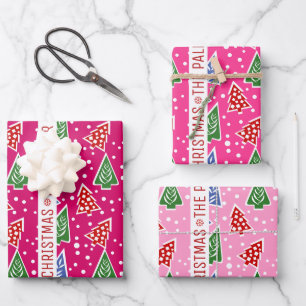 Drei Töne rosa Weihnachtsbäume Schnee und Name Geschenkpapier Set