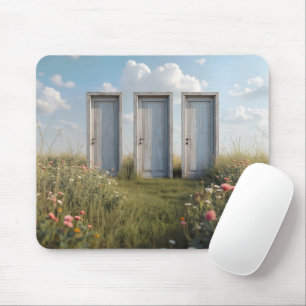 Drei Türen stehen auf einem Feld mit Wildblumen Mousepad