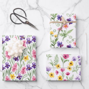 Drei verschiedene gelbe, rosa, violette Blumenmust Geschenkpapier Set