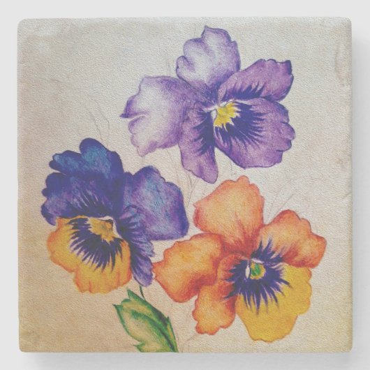 Drei Vintage Pansy-Blume farbige Stifte Steinuntersetzer (Vorderseite)