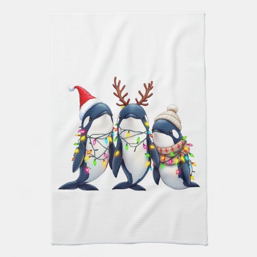 Drei Wale mit Weihnachtsfeiertag-Weihnachtsmannmüt Geschirrtuch (Vertikal)