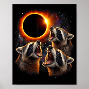 Drei Waschbären heulen bei totaler Sonnenfinsterni Poster