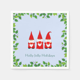 Drei Weihnachts-Gnome & Blattrahmen auf Hellblau Serviette